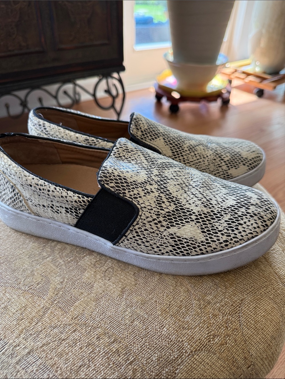 Vionic Slip-On Sneaker in White Snake Print with Black Strap